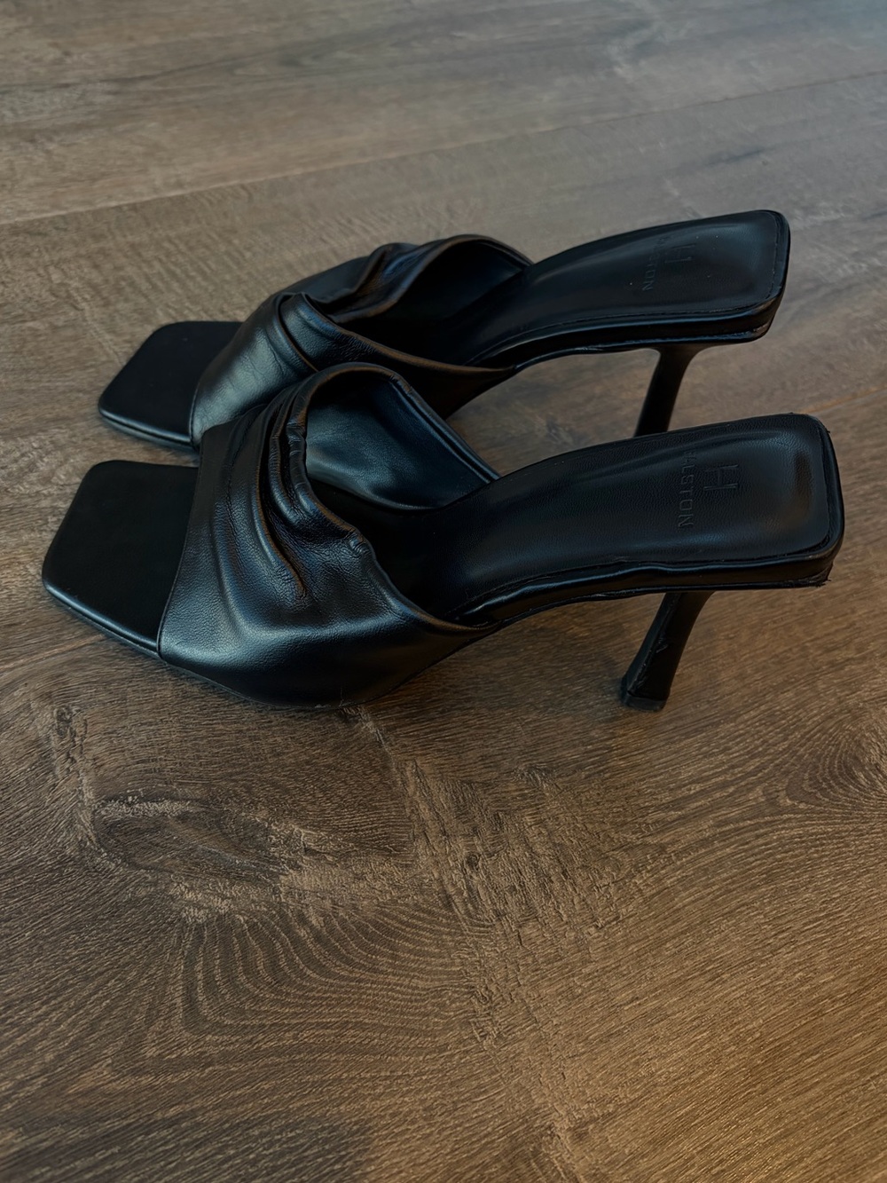 H by Halston Black Square-Toe Ruched Stiletto Mules